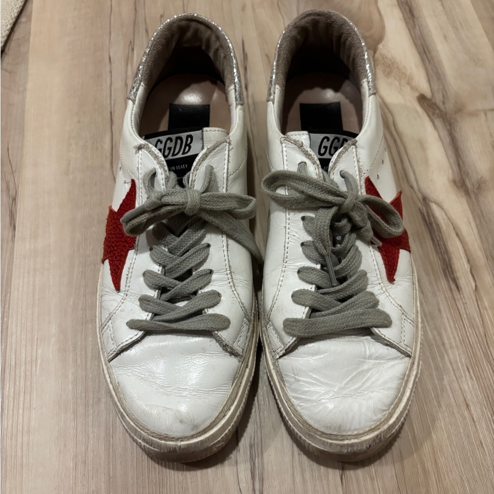 Golden Goose White & Silver May Sneakers with Red Star and Silver Details